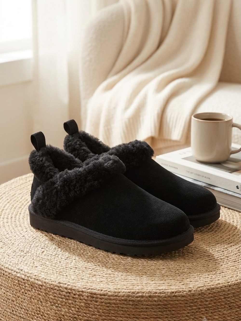 Koolaburra Black Faux-Shearling Cuff Slip-On Slippers